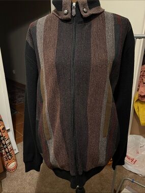 Bachrach Full-Zip Striped Knit Sweater Jacket - Brown, Black, Gray